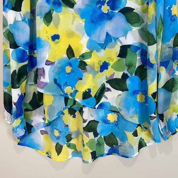 Suzy Shier Floral Chiffon Tunic Top Bright Blue Yellow Crossover Hi Low Hem M - Picture 5 of 13